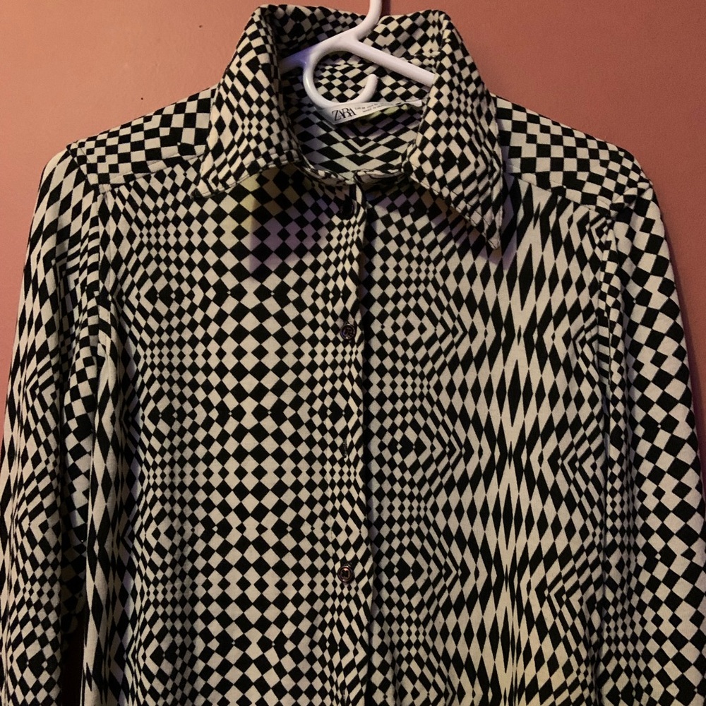 Zara checker optical illusion button up blouse shirt MEDIUM